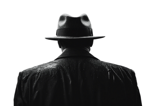 Noir movie back view of 40s detective wearing hat close up isolated on transparent background back view - Powered by Adobe