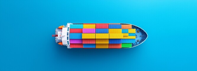 An aerial view of a container ship carrying containers for import and export, highlighting business logistics and transportation at sea, with space for web design banners.