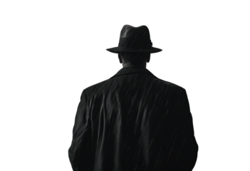 Noir movie back view of 40s detective wearing hat standing under the rain