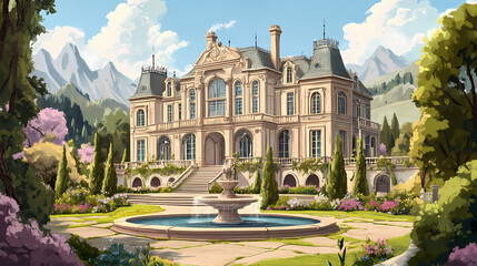 Obraz premium Ornate mansion with fountain and formal gardens. Wroughtiron. Illustration