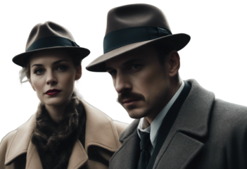 Man and woman wearing a hat and a coat characterized as a classic detective or gangster look isolated on transparent background
