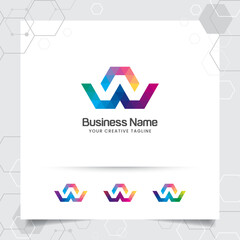 Digital logo letter W design vector with modern colorful pixel icon for technology, software, studio, app, and business.