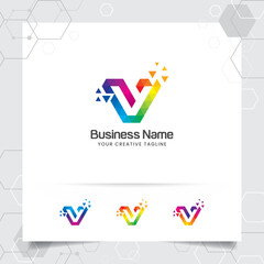 Digital logo letter V design vector with modern colorful pixel icon for technology, software, studio, app, and business.