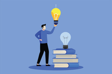 Illustration of a man holding a lightbulb above a stack of books, representing upskilling and learning.