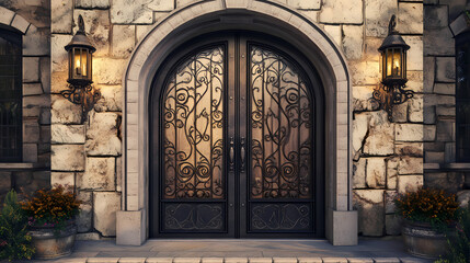 Fototapeta premium Ornate wrought iron double doors with stone archway. Wroughtiron. Illustration
