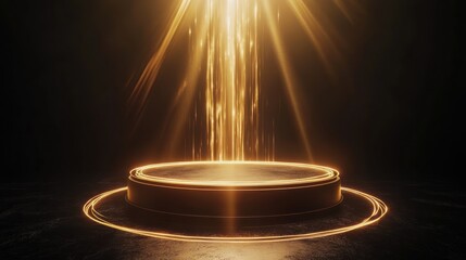 Golden stage spotlight dark room product display.