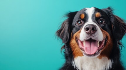 A friendly dog with an infectious smile is positioned against a bright turquoise background, capturing its charming demeanor and playful spirit beautifully.