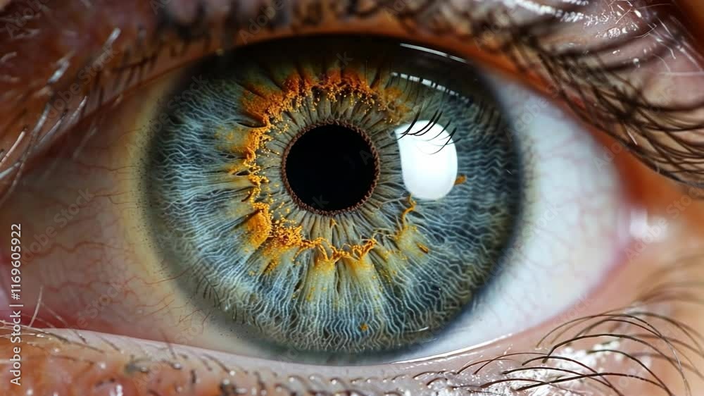 Poster The image captures a striking close-up of a human eye, highlighting the unique patterns and colors in the iris. The design incorporates circuit-like elements, merging biology with technology.