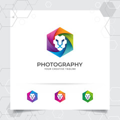 Lion mascot photography logo design with hexagonal shape and lion head vector for creative agency, studio, web design and technology company.