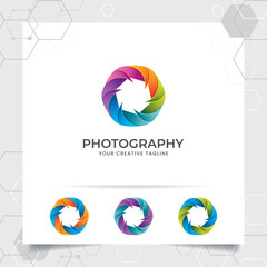 Camera photography logo design with concept of colorful camera lens icon and photo vector for photographer, studio photo, and wedding photography.