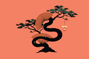 Vector design of a snake spiraling up a bonsai tree, with a fan-like pattern in the branches.