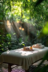 Serene spa setting with massage table surrounded by lush greenery and natural light