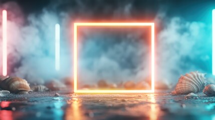 This image features dynamic neon fog surrounding seashells, set against a blank canvas where creativity can unfold, embodying the interplay of nature and artistry.