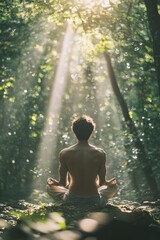 Meditation practice amidst tranquil forest with sunlight filtering through trees