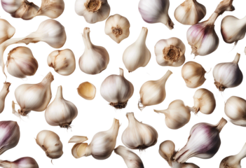 Flat lay with garlic bulbs isolated on transparent background top view