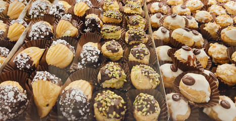 Sweet pastry in window display in Italian bakery