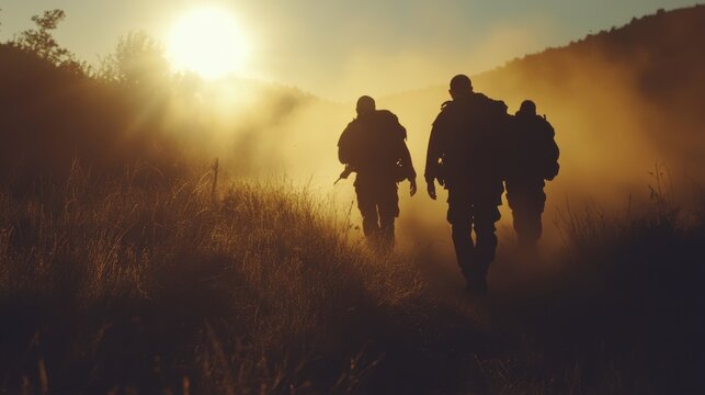 Soldiers Navigating Diverse Conditions at Sunrise