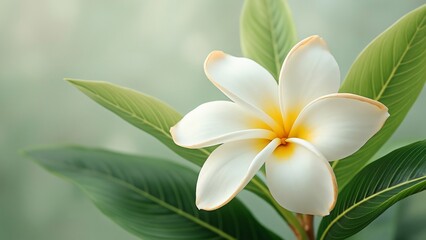 Fototapeta premium Stunning White Plumeria Flower with Lush Green Leaves