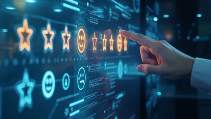 Digital Hand Interacting with Futuristic Customer Feedback Interface