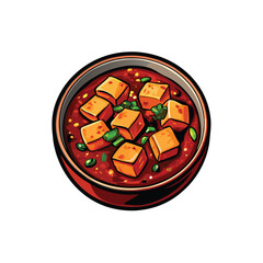 Vector illustration of a bowl of ma po tofu with silky tofu cubes, red sauce, green onions, and a white background.