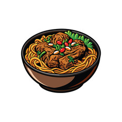Vector illustration of a bowl of savory fried rice noodles with meat, vegetables, and spices.