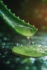 Fresh aloe vera leaf dripping with clear gel, illuminated by gentle light in a natural setting