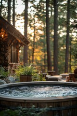 Relaxing evening at a cozy hot tub surrounded by tall trees and warm sunlight in the mountains