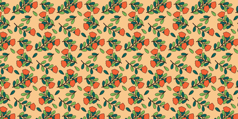 Rose flowers, and green leaves. Seamless berry pattern on brown background. Handmade illustration for fabric, postcards, banners, prints.