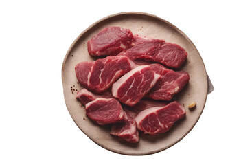Composition with raw meat on plate top view isolated on transparent background