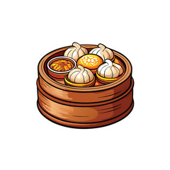 Vector illustration of a dim sum cart with steamed buns and sauce.