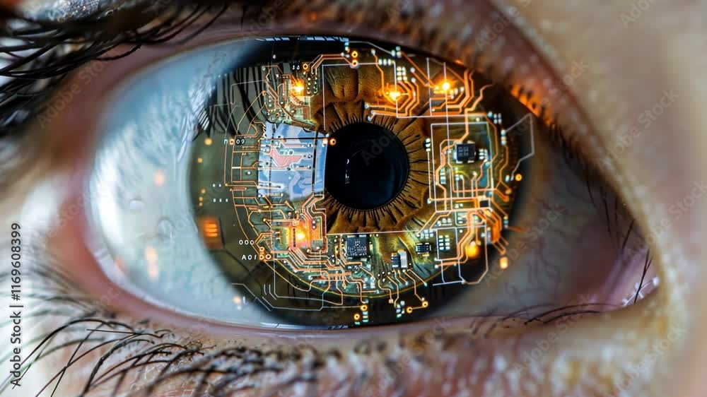 Aufkleber a close-up view reveals a human eye featuring a detailed reflection of complex circuitry, symbolizin