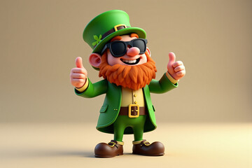 Happy leprechaun in green attire and sunglasses giving two thumbs up, radiating positivity and charm. 3D illustration. St.Patrick's day