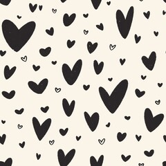 Pattern with black hearts on beige background 