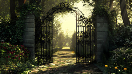 Obraz premium Enchanted garden gate: a mystical path beckons. Wroughtiron. Illustration