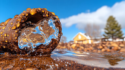 Fototapeta premium Close-up of ice on a rock near a house.