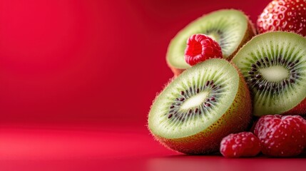 This vibrant image features kiwi fruit slices beautifully arranged with fresh raspberries on a striking red background, creating a lively and appetizing visual treat.