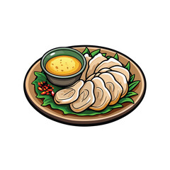 A vector illustration of a platter with a serving of cold poached chicken, a bowl of yellow sauce, and green lettuce.