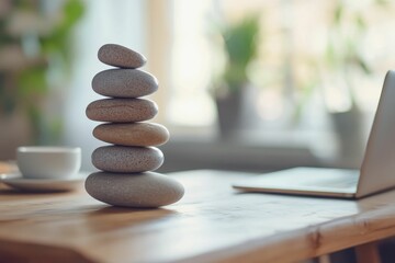 Stacked stones, laptop, mug; peaceful workspace.