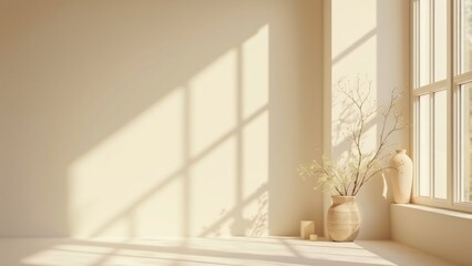 Minimalist Beige Room Interior Design with Sunlight and Dried Flowers