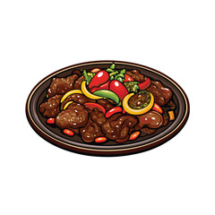 Vector illustration of sizzling Mongolian beef with bell peppers, onions, and a side of rice.