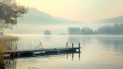 A serene lakeside view with pastel tones and gentle water ripples, offering space for inspirational text in wellness promotions.
