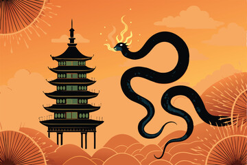 Vector illustration of a black snake wrapped around a pagoda tower against a sunset background.
