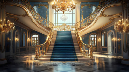Naklejka premium Opulent grand staircase with ornate railings and chandelier in a luxurious mansion. Wroughtiron. Illustration