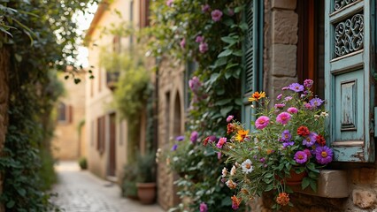 Naklejka premium Vibrant Flowers Blooming on Rustic Window Box in Charming European Alley