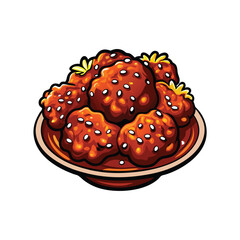 Vector illustration of crispy sesame chicken with a sticky glaze, in a bowl.