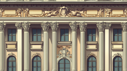 Fototapeta premium Ornate facade with columns and windows. Wroughtiron. Illustration