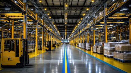 Obraz premium Modern warehouse interior with organized shelves and forklifts