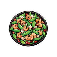 Vector illustration of a plate of stir-fried snow peas and shrimp.
