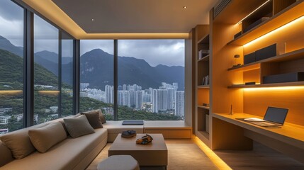 Modern apartment living room boasts stunning city mountain views