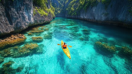 Kayaker paddling through crystal-clear turquoise waters surrounded by lush cliffs and coral reefs...